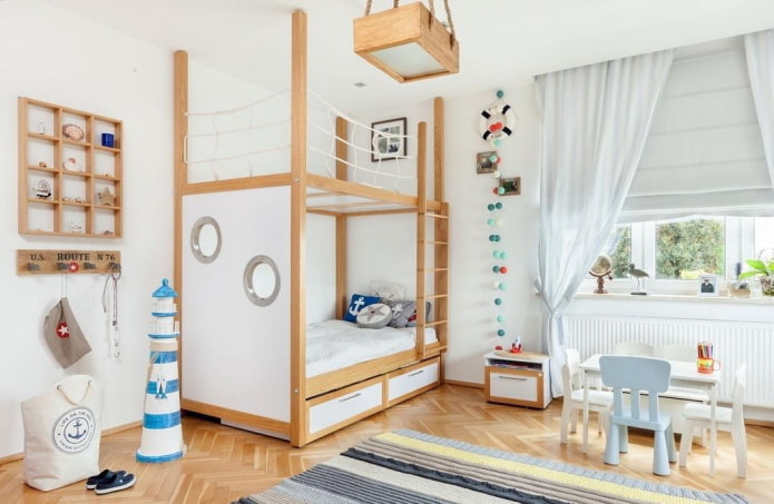 decor and textiles in the interior of a children's room in a marine style