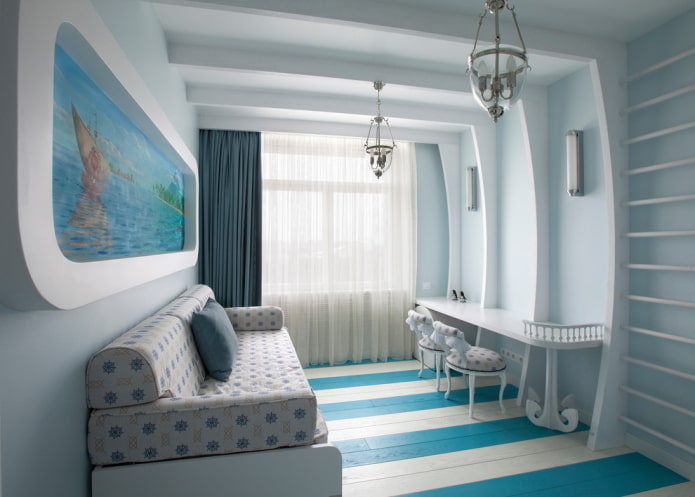 interior of a girl's nursery in a marine style