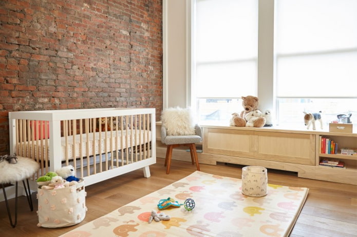 textiles in the interior of a child's room in an industrial style