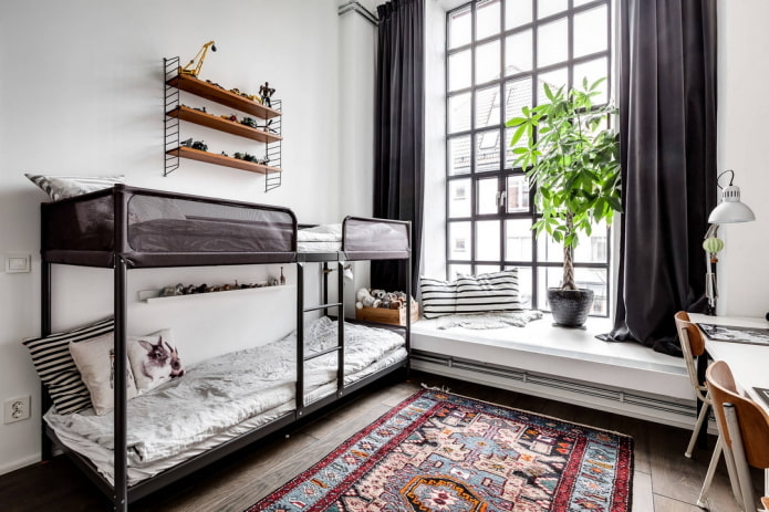 textiles in the interior of a child's room in an industrial style