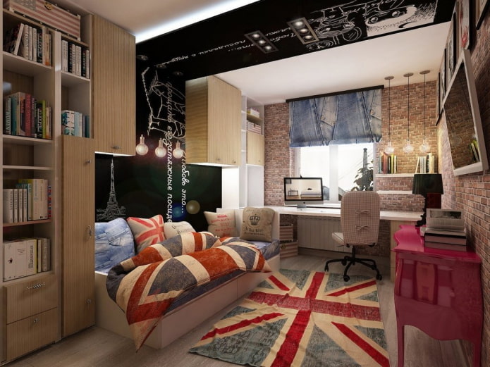 textiles in the interior of a child's room in an industrial style
