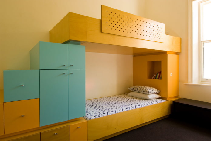 yellow bunk bed in a child's room
