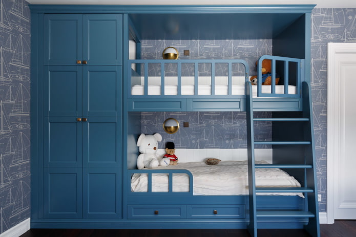 bunk bed with a wardrobe in the children's room