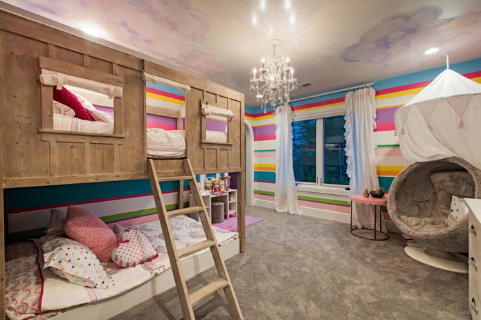 a two-tier wooden bed in a children's room