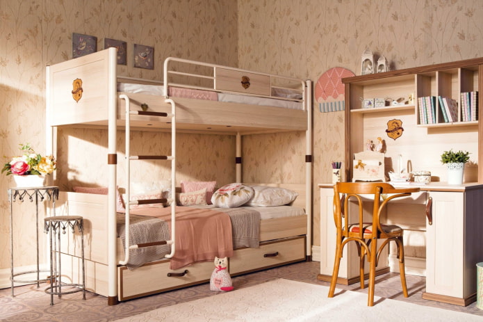 a bunk bed in a children's room in the Provence style