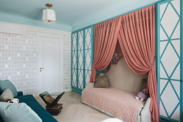 blue and pink interior of a children's room