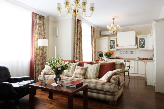 checkered sofa in calm tones
