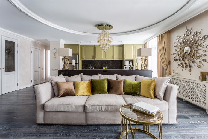 The kitchen-living room is divided by a sofa