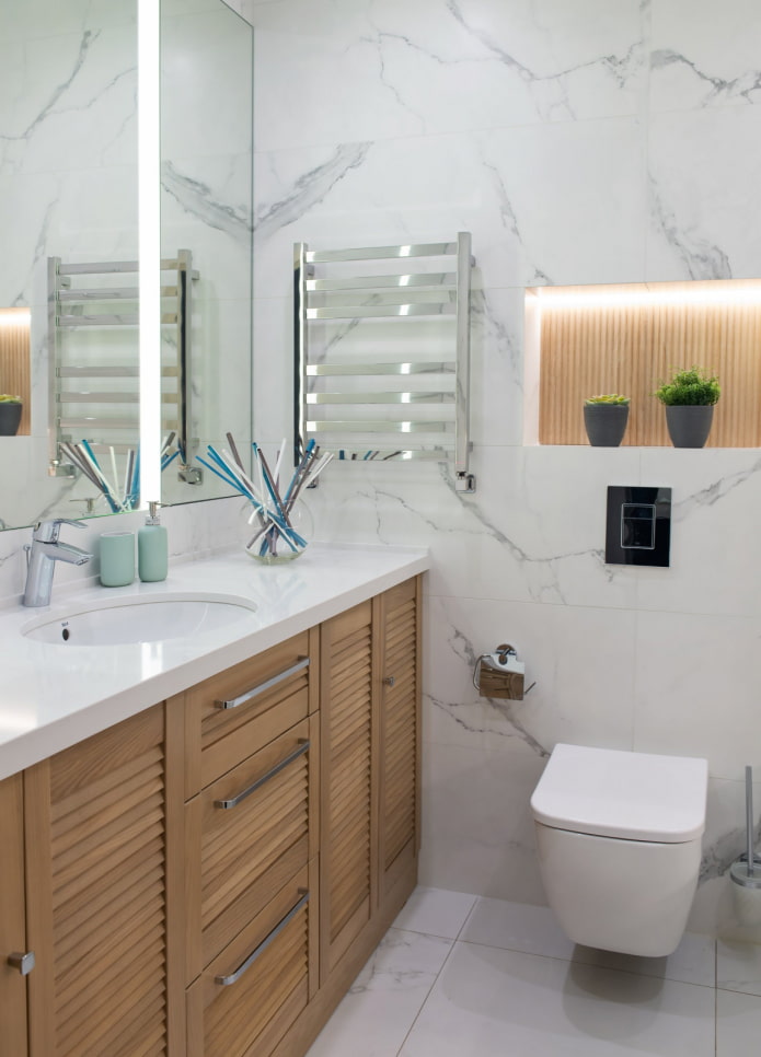 Marble and Wood in a Small Bathroom