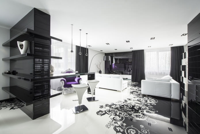 black and white room interior with the addition of purple