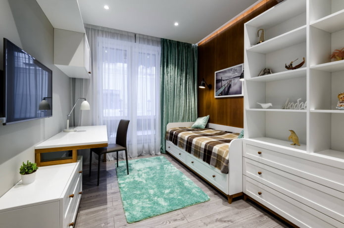 Room in wood and mint tones