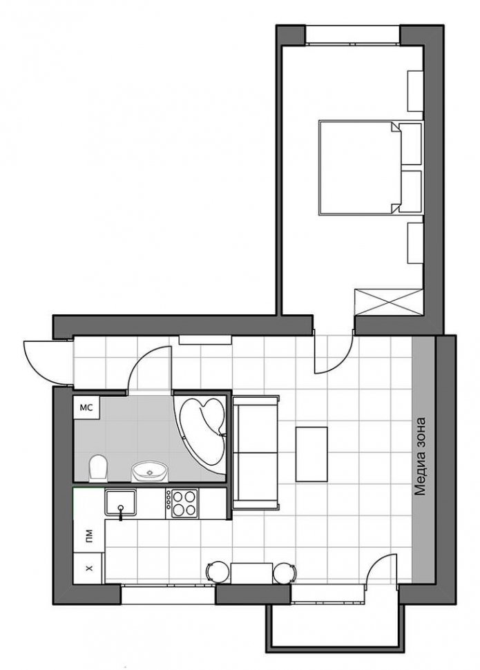 layout of a European-style two-room apartment