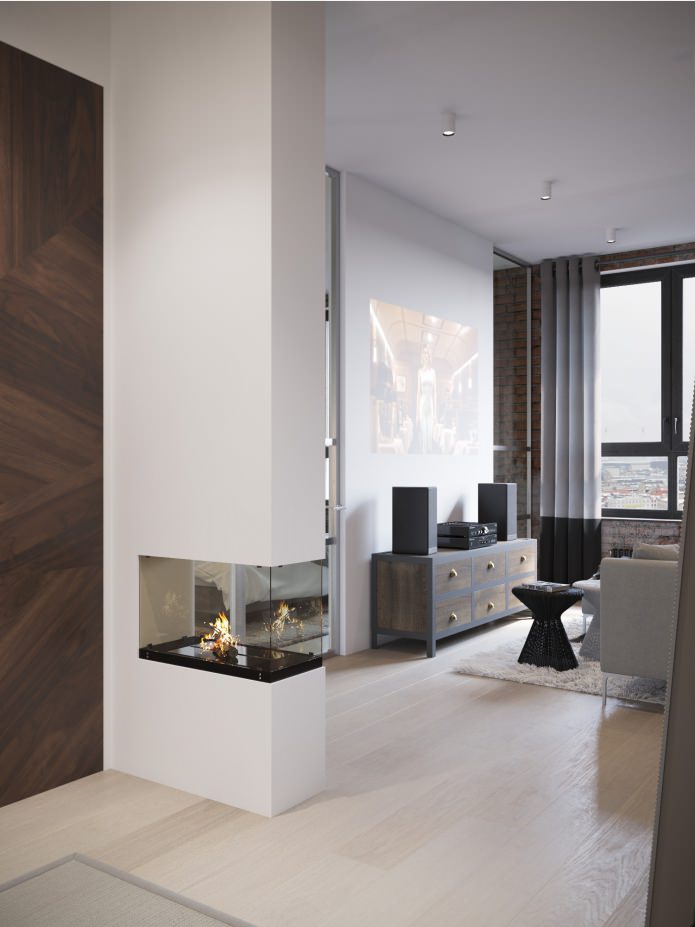design of a hallway combined with a living room with a fireplace