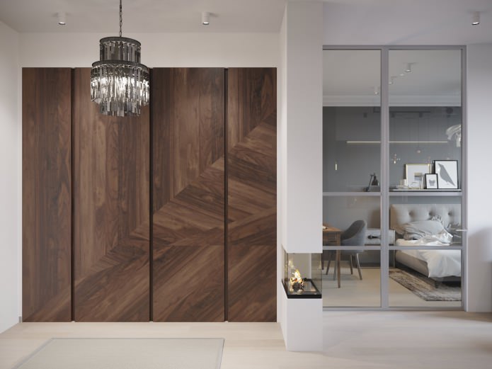 design of a hallway combined with a living room with a fireplace