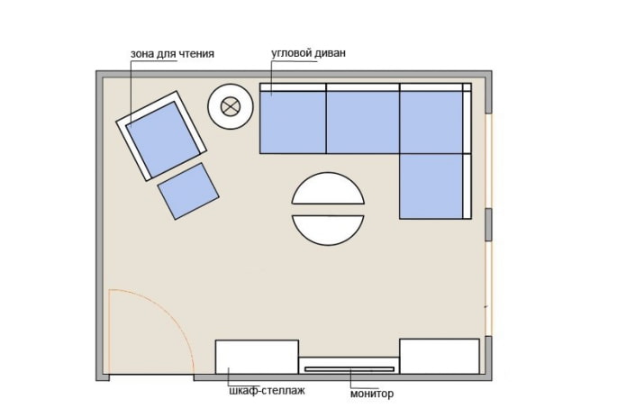 15 sq. m living room layout with a corner sofa