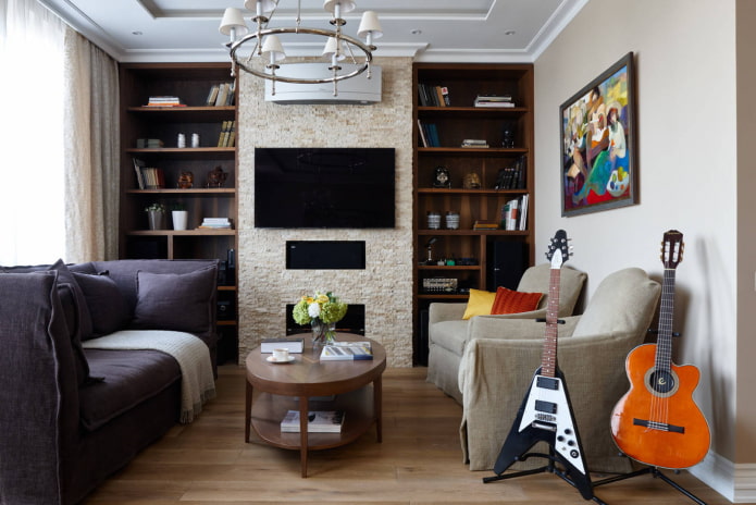 Living room with a library