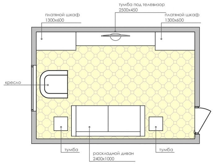 living room diagram with a small sofa