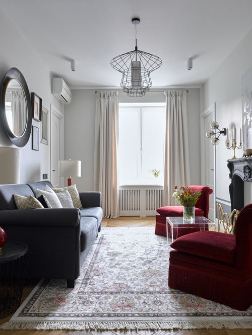 burgundy armchairs in the hall