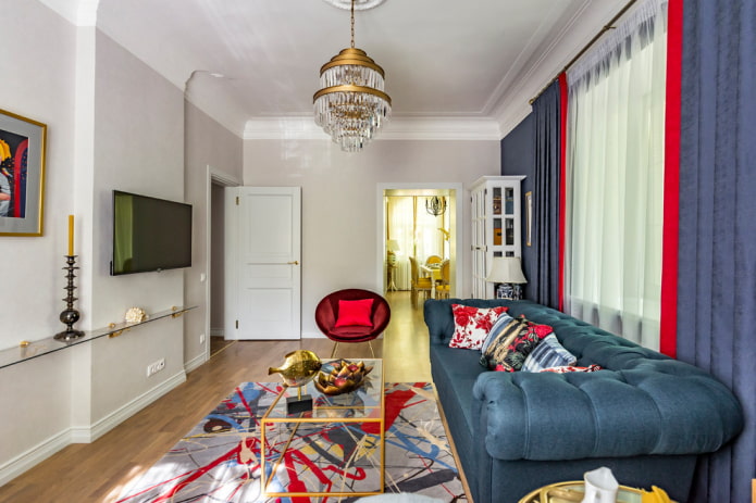 interior of a walk-through living room of 18 square meters