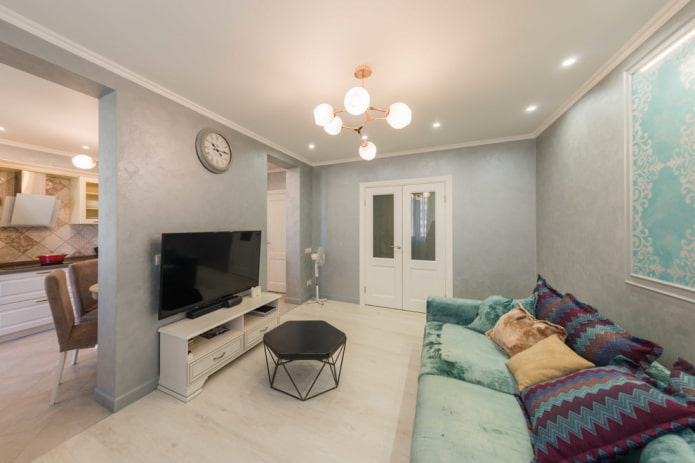 interior of a walk-through living room of 18 square meters