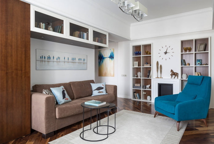 Sofa in a niche of cabinets