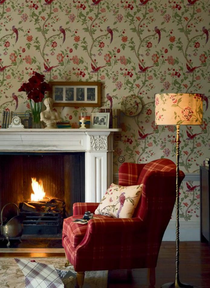 bergere chair, fireplace