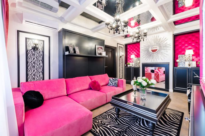 Pink 3D panels and a mirror on accent wall