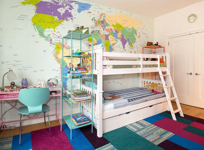 children's room design with photo wallpaper with a world map