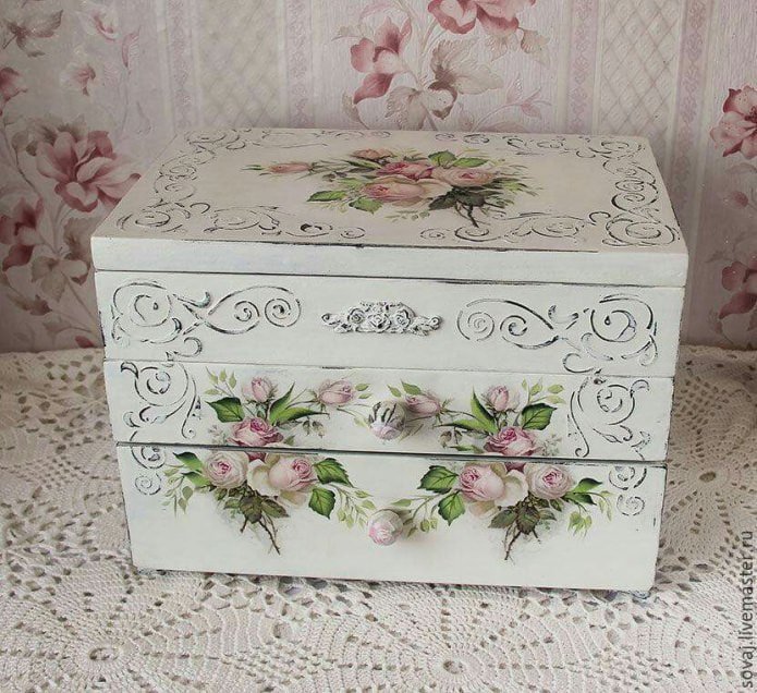 chest of drawers decorated using decoupage technique
