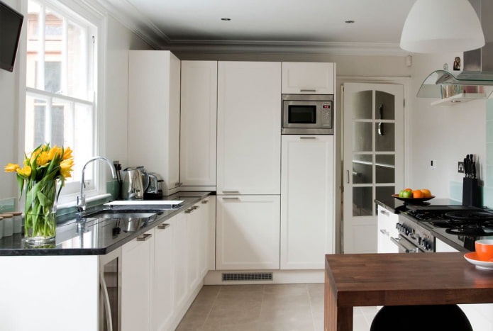 microwave in a square kitchen