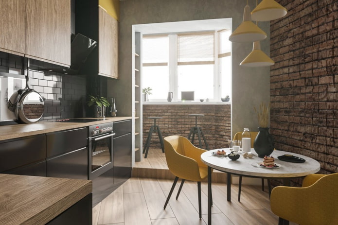 kitchen interior of 8 sq. m with a balcony