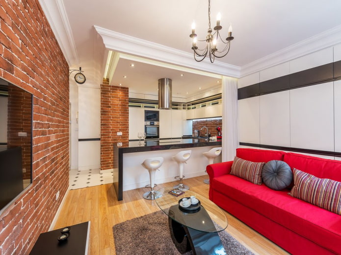 zoning of a kitchen-living room of 17 squares