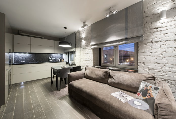 rectangular kitchen-living room of 17 square meters