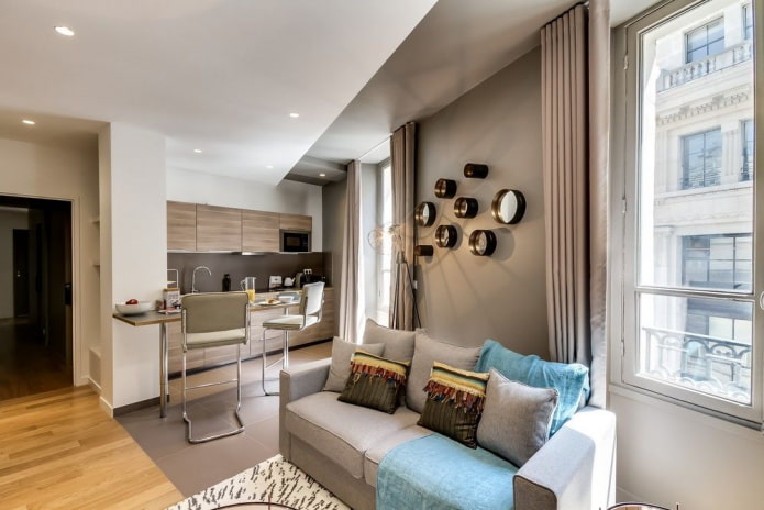 furnishings of a kitchen-living room of 17 square meters
