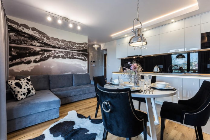 arrangement of furniture in the kitchen-living room of 17 square meters