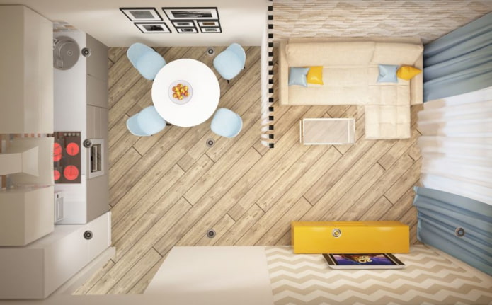 rectangular kitchen-living room of 17 square meters
