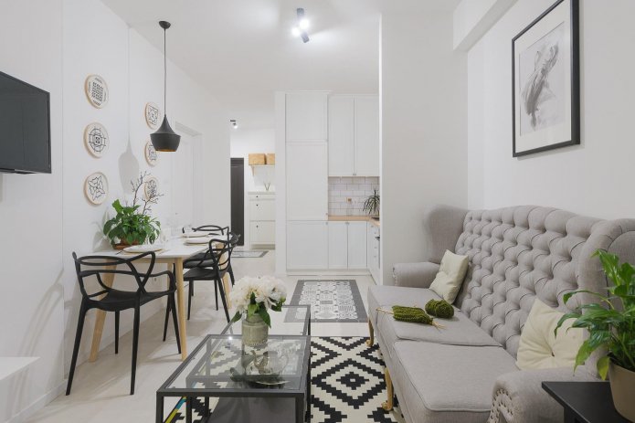 small living room with kitchen