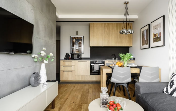 arrangement of a kitchen-living room with an area of 20 square meters
