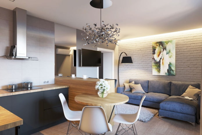 arrangement of a kitchen-living room with an area of 20 square meters