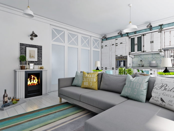 interior design of a kitchen-living room of 20 square meters