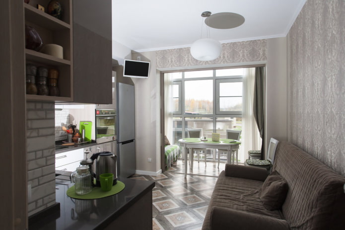 furniture in the interior of a kitchen combined with a loggia