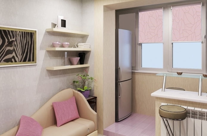 furniture in the interior of a kitchen combined with a loggia
