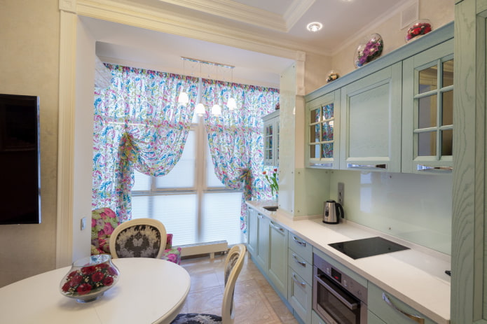 curtains in the interior of the kitchen combined with the loggia