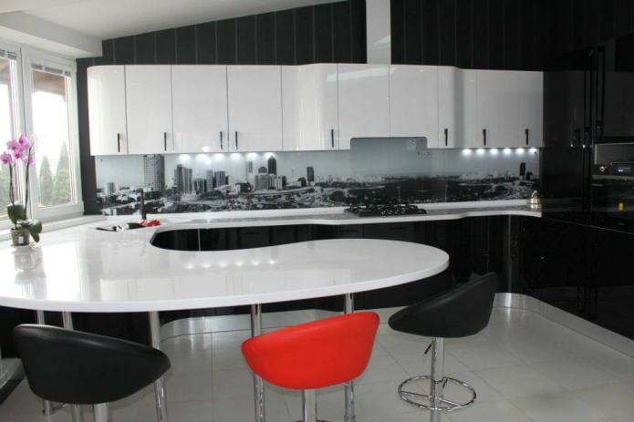 Interior of a kitchen with a bar counter combined with a kitchen set