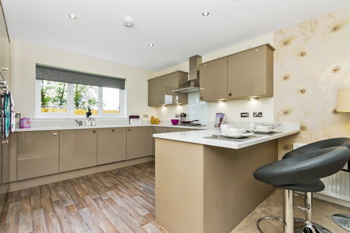 Interior of a kitchen with a bar counter combined with a kitchen set