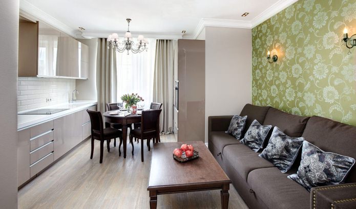 Curtains for the kitchen with green wallpaper