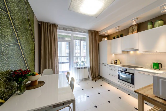 Green wallpaper in the kitchen in a modern style
