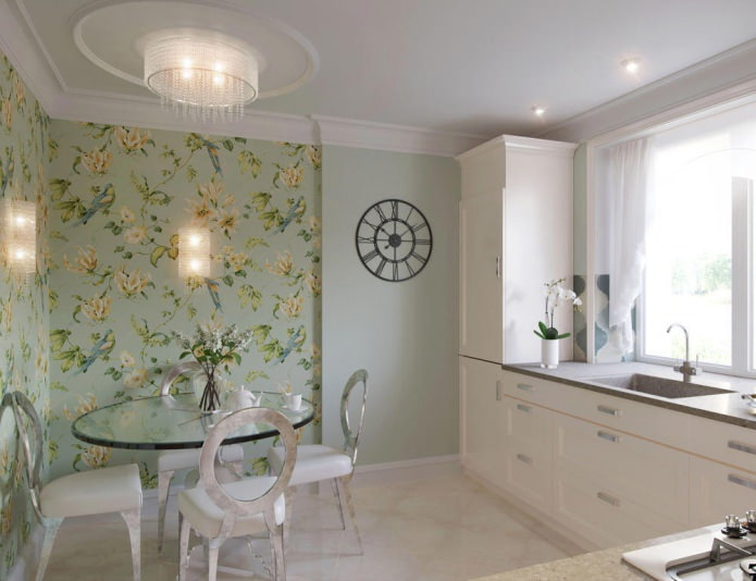 green wallpaper in the kitchen