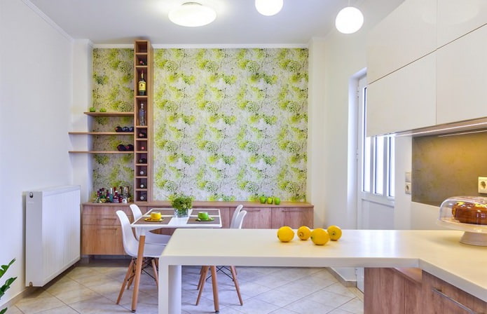 Green wallpaper in the kitchen in a modern style