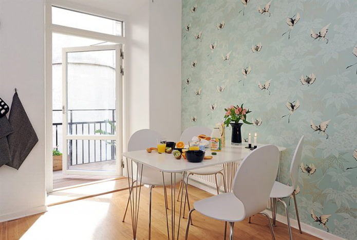 mint-colored wallpaper in a Scandinavian-style kitchen design
